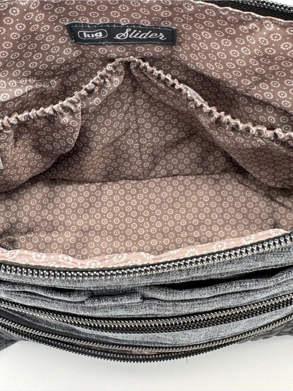 lug Slider Heather Gray/Black Chevron Quilted Panel Crossbody Bag- Multi Pocket